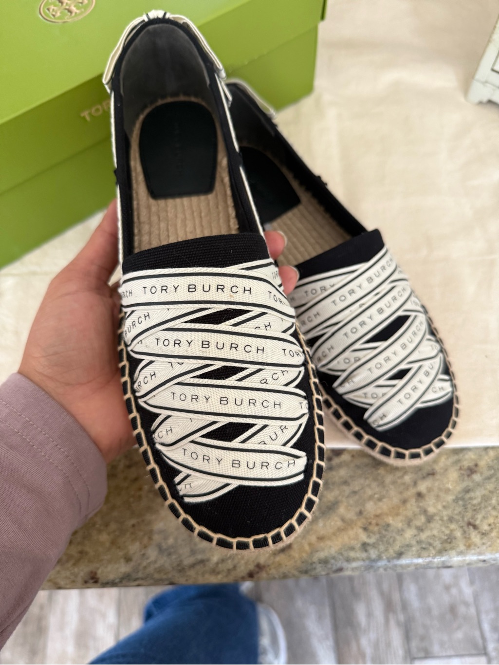 New Tory Burch Ribbon Espadrille Olona It - Canvas Black/New Cream